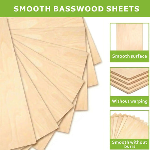 Front view of four 12x12 inch basswood sheets, 1/8 inch thick, smooth surface, fanned stack for laser cutting.