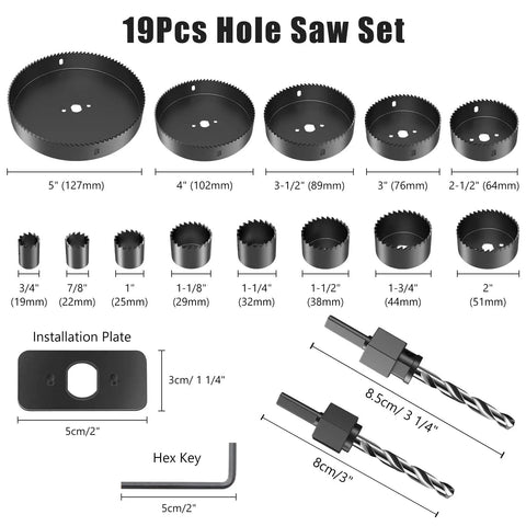 Badass 19 Piece Hole Saw Kit Packs Heavy Duty Carbon Steel Blades That Chops Wood Plywood Drywall And Pvc Smooth With Dual Mandrels And Rugged Carrying Case including various sized hole saws and accessories.