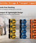 Stacked yellow, blue, and orange air movers in warehouse; Heavy Duty 1/2 HP Air Mover Delivers 2600 CFM, Portable Blower For Carpets, Floors And More, 3 Speed Settings, 4 Adjustable Angles, Timer, Stackable Design, ETL Listed, Ideal For Janitorial, Home, Plumbing And Commercial Use