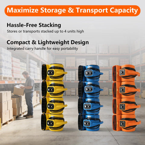 Stacked yellow, blue, and orange air movers in warehouse; Heavy Duty 1/2 HP Air Mover Delivers 2600 CFM, Portable Blower For Carpets, Floors And More, 3 Speed Settings, 4 Adjustable Angles, Timer, Stackable Design, ETL Listed, Ideal For Janitorial, Home, Plumbing And Commercial Use