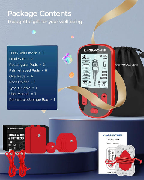 KingPavonini TENS unit handheld device, red front view with 12 pads, cables, manual and storage bag