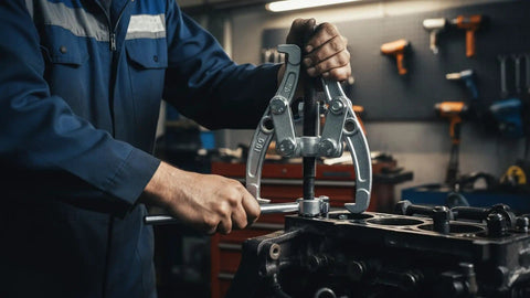 Mechanic using Three-Jaw Gear Puller Kit With 3 4 6 Inch Draws Reversible Jaws Carbon Steel Construction for pulley removal