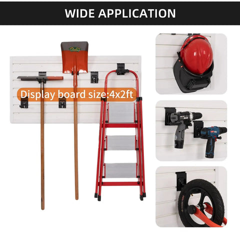 Heavy Duty Slat Wall Hook Set 28 Piece Garage Storage Kit with tools and ladder on slatwall panel