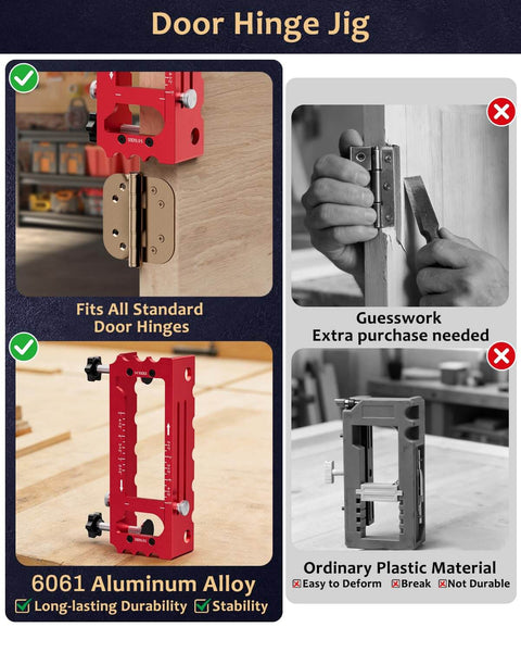 Adjustable Door Hinge Jig Tool For Router Durable Aluminum Mortise Jig Fits Door Hinges From Two And A Half To Five Inches Hinge Template Installation Kit With One Quarter Inch And Five Eighths Inch Radius And Square Corner Templates Red showing installation and comparison with plastic material