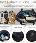 VOOWO black rolling duffel bag with wheels; large-capacity carry-on, top-down view showing open main compartment with clothes and a camera.
