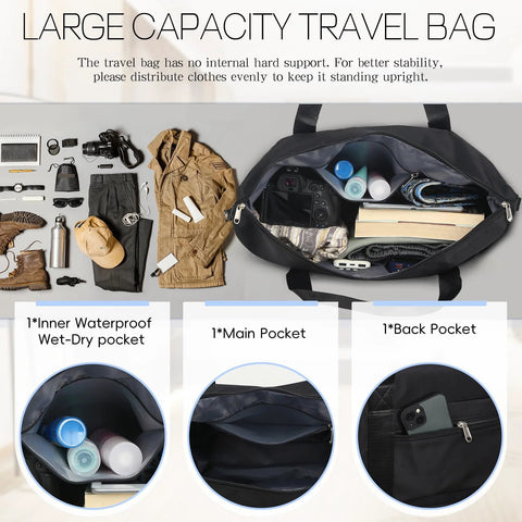 VOOWO black rolling duffel bag with wheels; large-capacity carry-on, top-down view showing open main compartment with clothes and a camera.