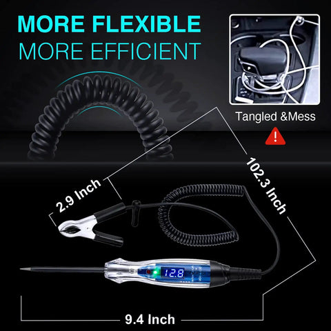 Rugged Automotive Test Light 3 to 60V DC Digital LED Circuit Tester With Anti Lost Needle Guard Protection For No Fuss Safe And Handy On The Go Diagnostics And Quick Fault Fixes, coiled cable, 9.4 inch