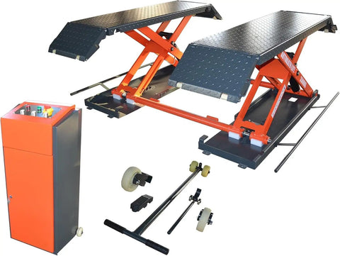 8000 Lbs Mid Rise Scissor Auto Car Lift With Electric Release Plug And Play 110V Single Phase featuring mobile kit and control panel.