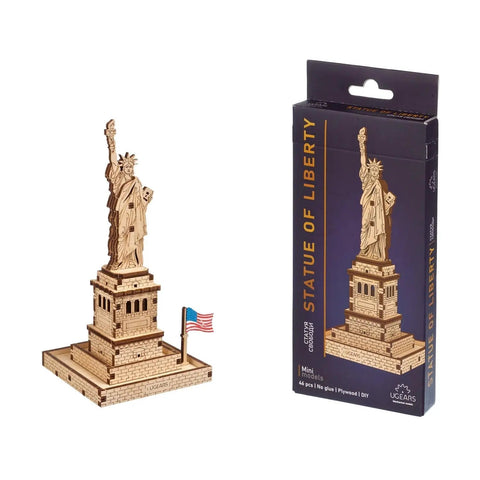 Statue Of Liberty 3D Puzzle Kit, 46 Piece Wooden DIY Model Stands 5.7 Inches, Easy Build No Glue Needed, World Cities Collection, Great Gift For Puzzle Buffs And History Lovers, shown assembled with box