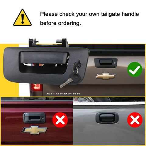 Heavy Duty Locking Tailgate Handle Latch Kit With Trim Bezel And Lock Cylinder, shown with compatible and incompatible truck handles.