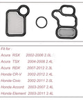 Honda VTEC Solenoid Gasket Kit With VTC Solenoid Spool Valve Cover O Ring For 2002 To 2015 Accord Element Civic CRV Si RSX Type S TSX Acura RSX Direct Replacement Budget Friendly shown with vehicle compatibility list.