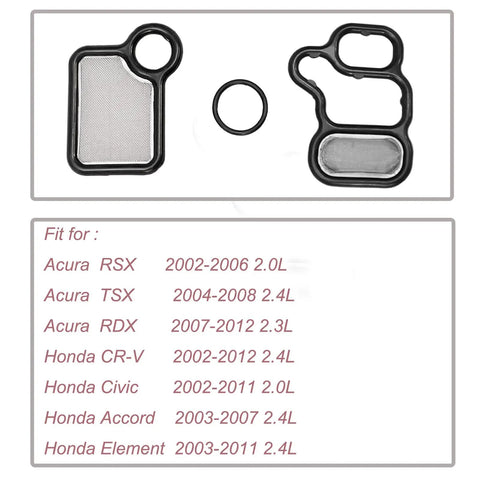 Honda VTEC Solenoid Gasket Kit With VTC Solenoid Spool Valve Cover O Ring For 2002 To 2015 Accord Element Civic CRV Si RSX Type S TSX Acura RSX Direct Replacement Budget Friendly shown with vehicle compatibility list.