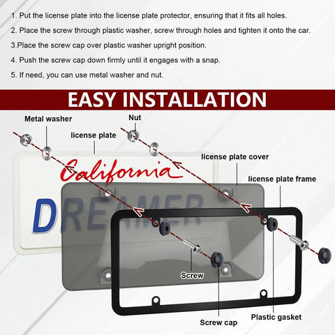 Clear License Plate Covers And Frames With Screws Caps And Washers For Standard US Plates Rust Proof Auto Plate Holder Easy Installation Diagram