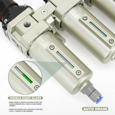 Close-up of Beefy Pro Grade Three Quarter Inch NPT Industrial Three Stage Air Dryer with visible sight glass and auto drain