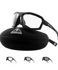 Badass Z87 Rated Photochromic Motorcycle Safety Glasses With Shatterproof Lens And Matte Black Shell displayed with a protective case.