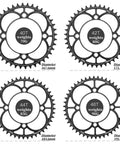Four black 104BCD CNC Aluminum Narrow Wide Chainrings in sizes 40T, 42T, 44T, 46T showing weights and diameters, for MTB and road bikes.