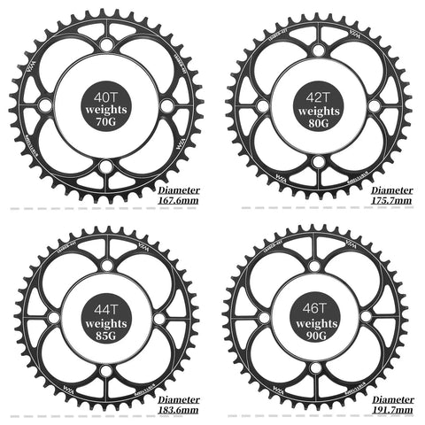 Four black 104BCD CNC Aluminum Narrow Wide Chainrings in sizes 40T, 42T, 44T, 46T showing weights and diameters, for MTB and road bikes.