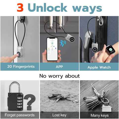 Three unlock methods for Fingerprint Cable Lock 6 Inch Long With Bluetooth App Unlock No Key Needed Biometric Keyless Padlock.