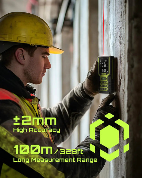 High Range Laser Distance Meter 100m With Angle Sensor And Backlit LCD Display, Measures Length, Area, Volume, And Pythagorean, Ft In M Unit Switching, Battery Included, Sleek Durable Handheld Tool For Pros And DIY Projects, worker measuring wall