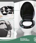 Soft Close Elongated Toilet Seat In Black With Quiet Close Lid, Contoured Comfort, Easy Install, Grip-Tight Bumpers, Adjustable Hardware, Stain-Resistant Plastic For A Modern Bathroom Upgrade displayed in a modern bathroom setting.