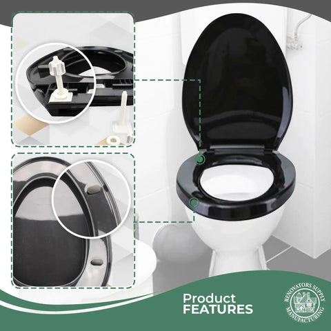 Soft Close Elongated Toilet Seat In Black With Quiet Close Lid, Contoured Comfort, Easy Install, Grip-Tight Bumpers, Adjustable Hardware, Stain-Resistant Plastic For A Modern Bathroom Upgrade displayed in a modern bathroom setting.