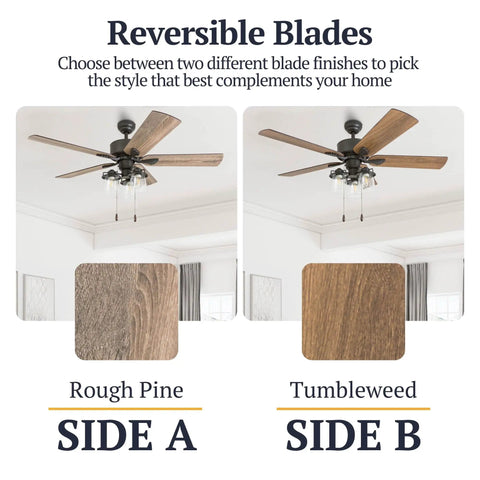 River Run 52 Inch Farmhouse LED Ceiling Fan With Light, bronze finish, reversible blades, rough pine and tumbleweed options