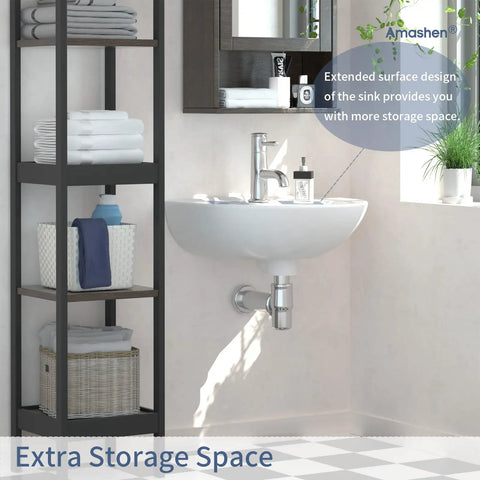 17.72 Inch Wall Mount Corner Sink Ceramic U Shaped With One Hole And Overflow Glossy White Finish in modern bathroom