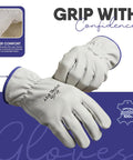 Large Heavy Duty Cowhide Leather Driver Work Gloves For Driving Trucking Construction And Outdoor Tasks With Reinforced Palm And Fingers For Superior Grip Protection In Farming Landscaping Gardening Ranching And DIY, pair shown