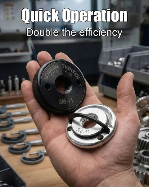 Heavy Duty Self Locking 5/8-11 Angle Grinder Flange Nuts 2-Pack held in hand, showing quick release and D-ring