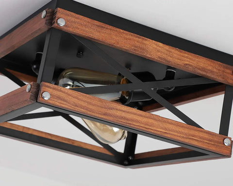Rustic Farmhouse Two Light Flush Mount Ceiling Light In Black With Metal And Wood Square Frame For Hallway Bedroom Kitchen Entryway Industrial Vintage Style