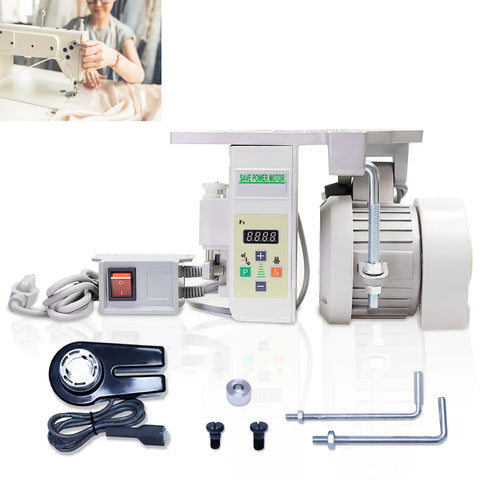 Ultra Quiet Pro Grade Sewing Machine Servo Motor with Needle Positioner visible with installation tools and control panel.