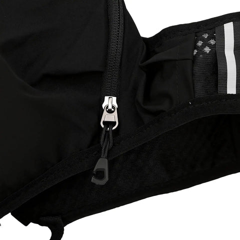 Close-up of zippered pocket on Hydration Vest Pack With Breathable Nylon Water Bladder Compatible Adjustable Chest Straps Multiple Pockets.