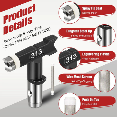 Reversible spray tip for Heavy Duty Airless Paint Sprayer Gun Kit With 3600 PSI And A 50 Foot High Pressure Hose, featuring 313 tip.