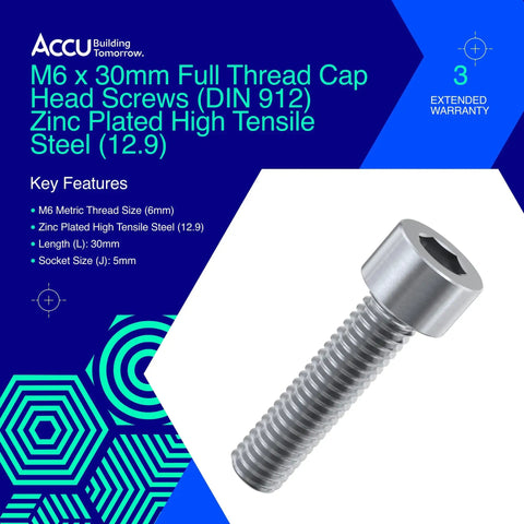 Bulletproof M6 X 30mm Full Thread Socket Cap Head Screws Din 912 Grade 12.9 High Tensile Steel Zinc Plated in blue background.