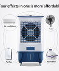 Stay Chill All Day Long With This Portable Evaporative Air Cooler Boasting Three Custom Wind Settings and Easy Glide Wheels for Snappy Home Office or Backyard Cooling On Stifling Summer Days, showcasing four-in-one functions including cooling and humidifying.