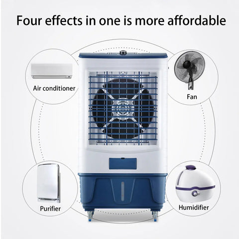 Stay Chill All Day Long With This Portable Evaporative Air Cooler Boasting Three Custom Wind Settings and Easy Glide Wheels for Snappy Home Office or Backyard Cooling On Stifling Summer Days, showcasing four-in-one functions including cooling and humidifying.
