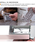 Built Like A Tank Garage Door Bottom Lift Brackets For Seven Sixteenth Inch Roller Stem Heavy Duty Galvanized Steel in use during installation.