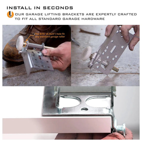 Built Like A Tank Garage Door Bottom Lift Brackets For Seven Sixteenth Inch Roller Stem Heavy Duty Galvanized Steel in use during installation.