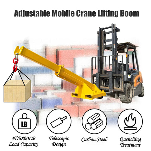 Heavy Duty Forklift Jib Boom Crane With 8800 Lb Capacity, adjustable mobile crane lifting boom in use with a wooden load.