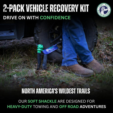 Close-up of Soft Shackle Recovery Kit 2 Pack 1/2 Inch By 22 Inch Off Road Tow Kit in use on muddy terrain with vehicle tire and boot