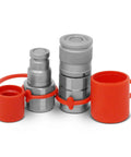 Front view of Summit Hydraulics 3/8 flat-face hydraulic quick-connect coupler set with red dust caps.
