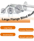 60-Piece Large Flange Aluminum Blind Rivets Kit With Heavy Duty Hand Riveter Tool shown with rivets and features text.
