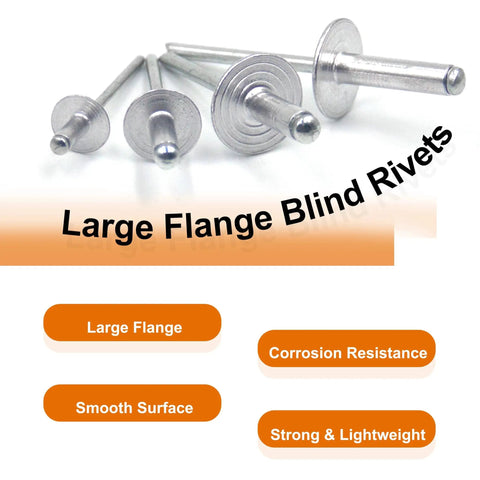 60-Piece Large Flange Aluminum Blind Rivets Kit With Heavy Duty Hand Riveter Tool shown with rivets and features text.