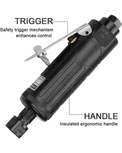 No Nonsense Air Die Grinder with straight pneumatic body, safety trigger, and insulated ergonomic handle for precision grinding.