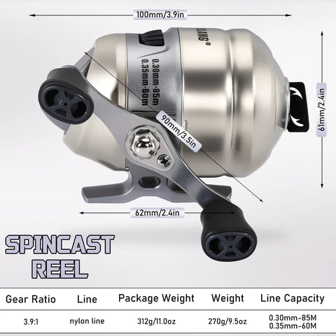 Spincast Fishing Reel Size 30 with Easy Right or Left Hand Retrieve, Smooth 3.9 to 1 Gear Ratio, Pre-Spooled Mono Line, Silver Finish.