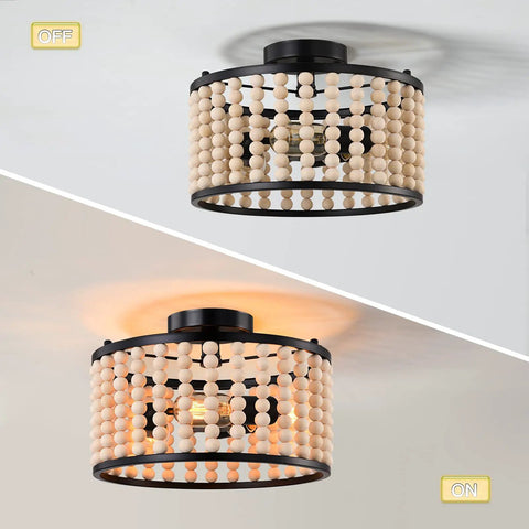 Boho Wood Beaded Chandelier With Three Lights In Black Semi Flush Mount Ceiling Light shown on and off for dining room kitchen hallway bedroom and living room adds warm ambience and rustic charm for a cozy boho vibe