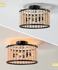 Boho Three Light Wood Beaded Chandelier semi flush mount ceiling light in white off and on view for dining room kitchen hallway bedroom living room.