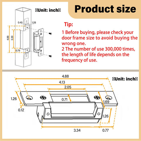 Product size chart for Heavy Duty Electric Door Strike Lock For Door Access Control System With ANSI Standard Fail-Secure And Fail-Safe Modes