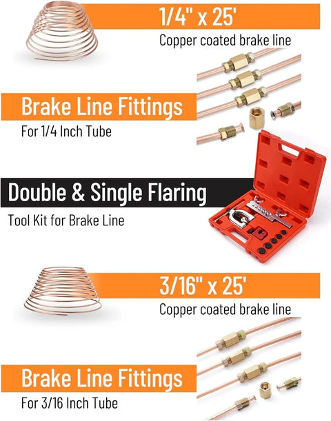 25 Ft Copper Coated Brake Line Kit For Auto Repair, 1/4 And 3/16 Inch Lines, Includes 32 Fittings, Tube Bender, Flare Tool Set