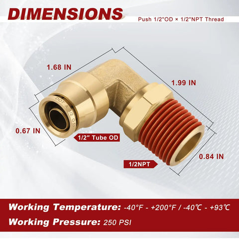 Diagram of Half Inch Quick Push To Connect Brass Fittings 90 Degree Union Swivel Elbow showing dimensions and thread size